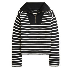 J Crew Womens Heritage Terry Quarter Zip‎ Sweat Shirt Black Stripe Medium Preppy